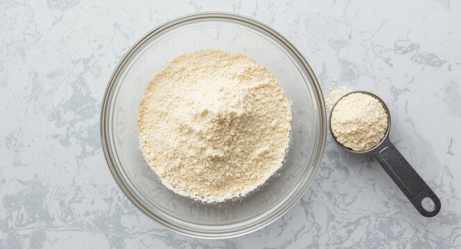 Dairy thickening with guar gum powder in glass bowl and plastic measuring spoon top view