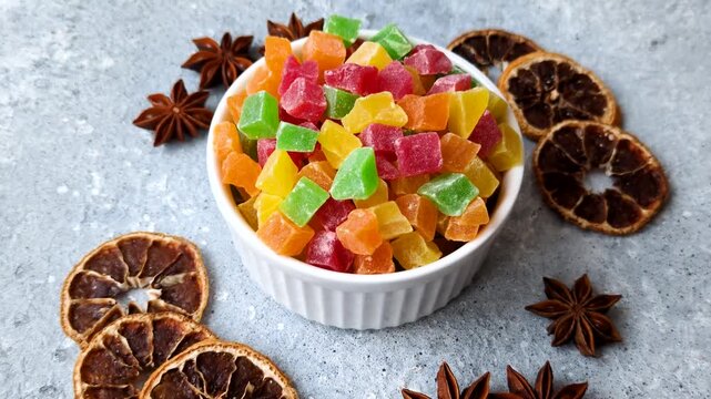 Candied fruit in colorful cubes as an ingredient for baked goods and sweets. Candied fruit as a food background for your design