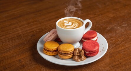 Obraz premium Delicious breakfast treat with steaming coffee and assorted macaroons on wooden surface