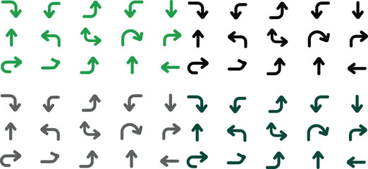Large Set of Minimalist Directional Arrows in Multiple Colors Including Green Black Gray and Dark Teal for Interface Design and Wayfinding