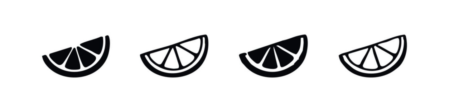 Lemon or lime fruit slices vector icons set. Citrus fruit wedges symbols in black and white.