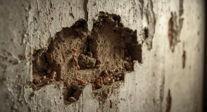 House wall impacted by drywood termite activity featuring damage and pellet accumulation