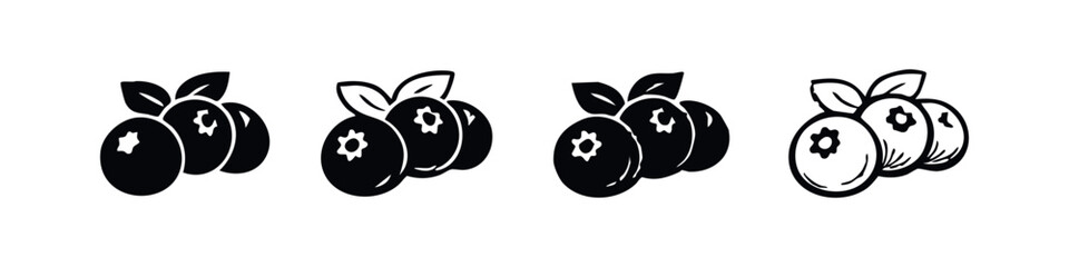 Hand drawn doodle set of fresh blueberries with leaves. Outline and silhouette berry fruit icons. Natural food vector illustration. © liubomir118809