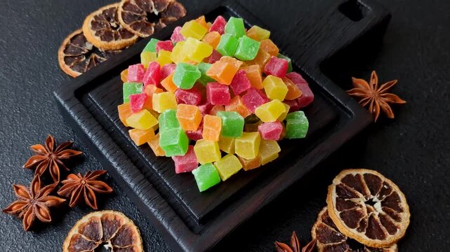 Candied fruit in colorful cubes as an ingredient for baked goods and sweets. Candied fruit as a food background for your design