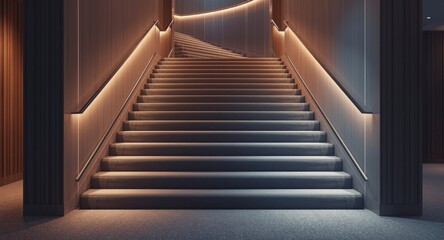 Fototapeta premium Indoor modern staircase with elegant lines and soft gray carpet covering