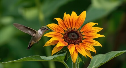 Fototapeta premium Cheerful hummingbird drinking from lively Mexican sunflower amid green foliage