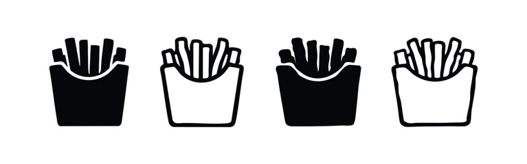 Obraz premium French fries icon set in various styles. Crispy potato sticks in a paper box symbol. Fast food snack collection.
