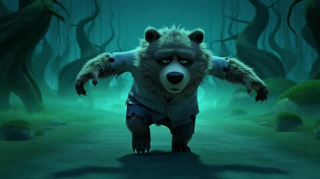 Cartoon werebear transformation in spooky forest background,digital animation for halloween,fantasy creatures and childrens entertainment
