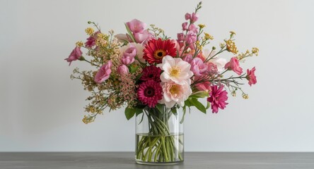 A contemporary vase featuring a diverse bouquet of fresh blossoms