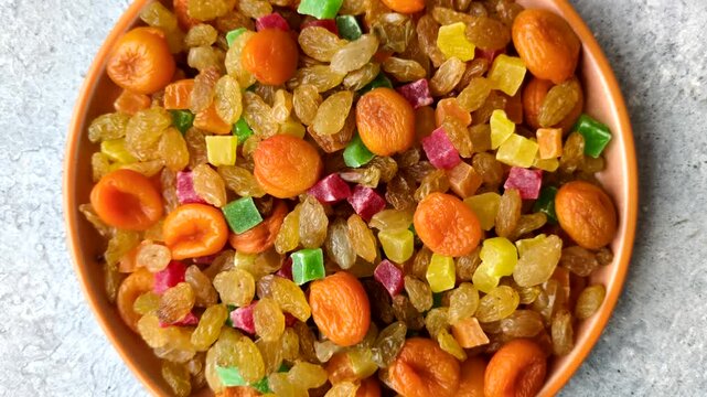 Dried apricots, raisins, and candied fruits as ingredients for baked goods and sweets. Dried fruits as a food background for your design