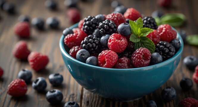 Colorful bowl filled with nutrient dense antioxidant berries promoting health