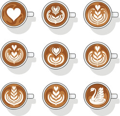 A collection of coffee cups with artistic latte designs on a white background