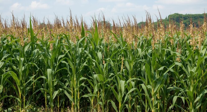 Corn agriculture affected by foliar blight causing leaf necrosis and spotting