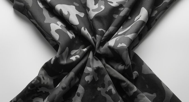 Close up overhead of folded camouflage fabric texture showing monochrome filter and rough creases