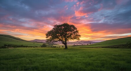Obraz premium Calm landscape capturing single tree in green valley under vivid sunset skies