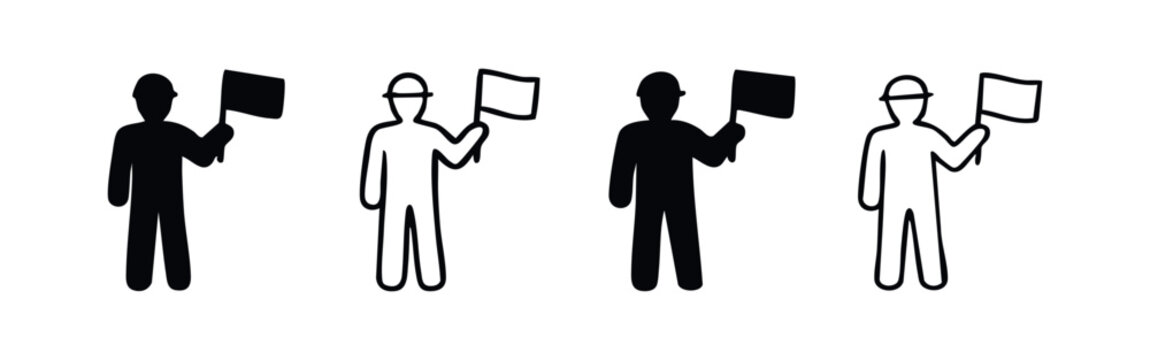 Road Worker Flagman Icon Set. Construction Worker Holding Flag Symbol Vector
