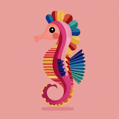 Obraz premium A stylized, colorful seahorse illustration featuring a vibrant mosaic of red, orange, and purple hues. It stands centered against a soft pink background in a clean, minimalist flat design.