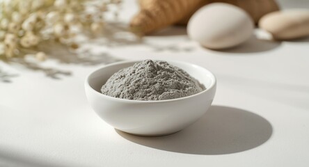 Natural gray bentonite clay stored in a clean white bowl