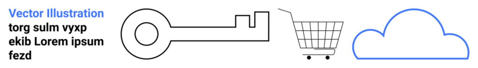 Key with cloud and shopping cart visualizes security and online shopping themes. Ideal for e-commerce, cybersecurity, digital marketing, cloud storage, online services, tech presentations. Banner © robu_s