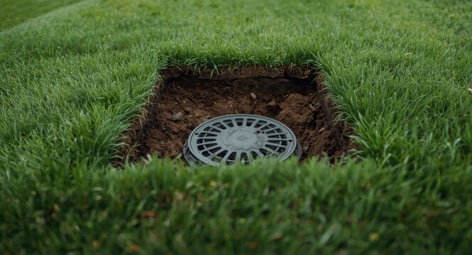 Close crop of a rectangular turf area revealing a deep hole and cesspool cover amidst garden care
