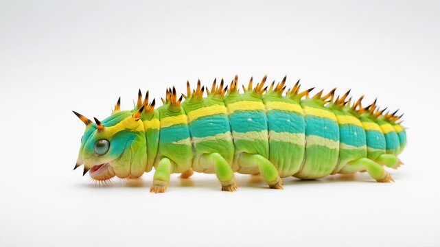 Close-Up of a Vibrant Green and Yellow Spiky Caterpillar Crawling on a White Background