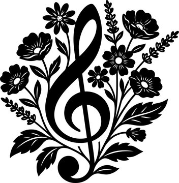 Treble clef with flowers and leaves floral silhouette