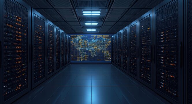 Advanced data handling in a secure server room featuring technology visualization overlays