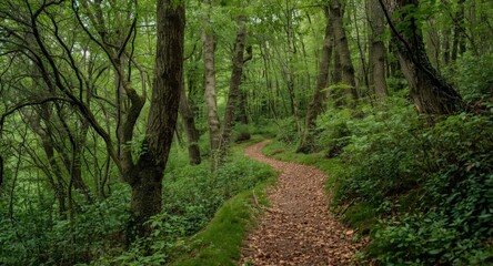 A natural forest scene featuring winding trails and fresh greenery
