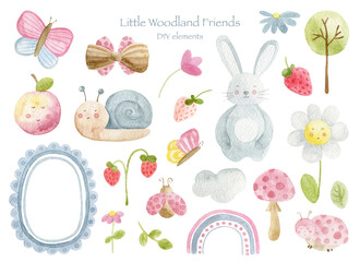 Watercolor woodland nursery clipart set with bunny snail butterfly and forest animals © SophieMyWatercolor