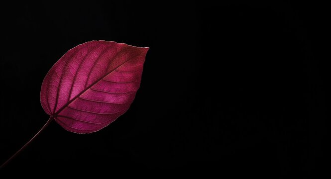 Bright pink leaf flower against studio light black and white smooth textured background with copy space