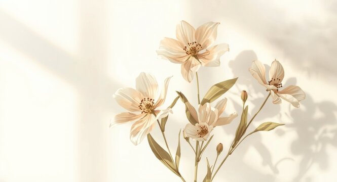 Delicate ruscus flowers rendered in woodcut style with soft sunlight for beauty product presentation and copy space