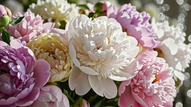 Close-up of a bouquet of colorful peonies with petals in shades of pink, white, and yellow for a lovely, floral display