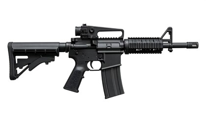 Black automatic rifle with sight against white background