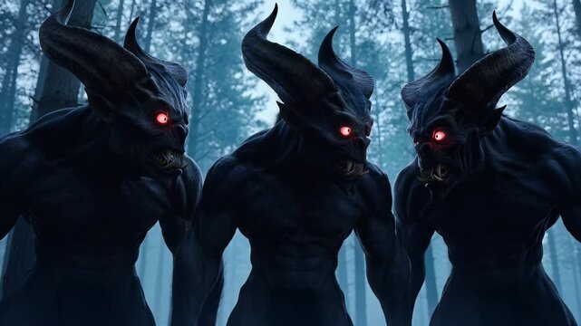 Three shadowy demon creatures with glowing red eyes in a misty forest at night.