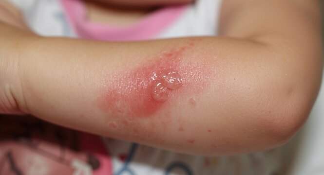 Child affected by superficial impetigo skin infection on arm and bottom