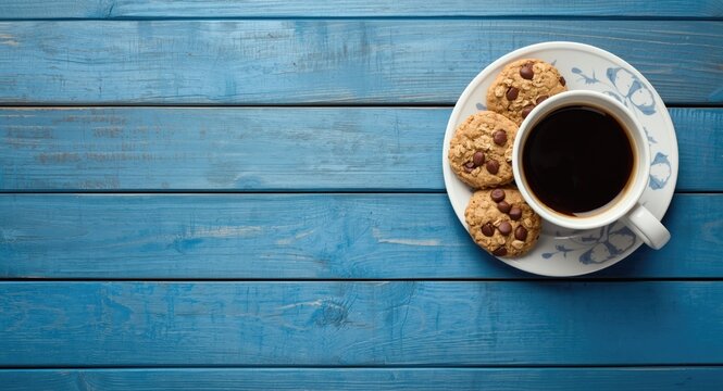 Blue painted wooden table showcasing coffee cup and oatmeal cookies with copy space