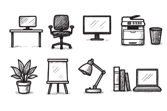 Black and white sketchy illustration of office furniture, including a desk, chair, monitor, plant, printer, lamp, and laptop, perfect for backgrounds and digital assets.