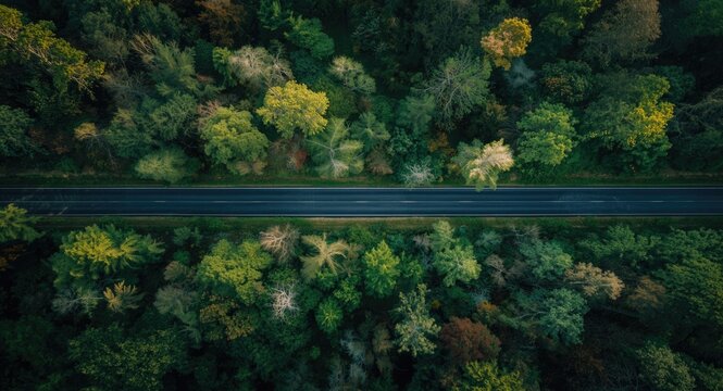 High altitude drone shot of a winding road crossing dense summer forest nature