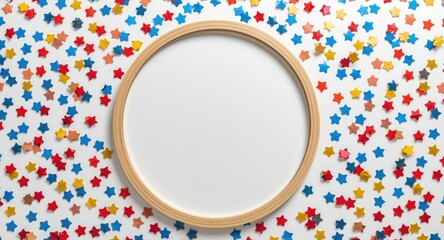 Birds eye image of a round empty frame surrounded by tricolor star confetti on bright white floor for holiday celebration ideas