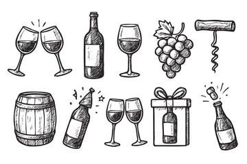 Naklejka premium Hand-drawn illustration of wine elements, including bottles, glasses, grapes, and a barrel, ideal for celebrations, tastings, or wine-related designs.