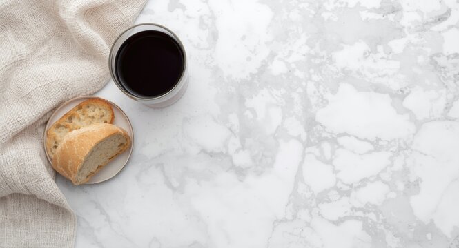 Christian holy wine and unleavened bread communion with spacious copy space