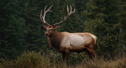 Obraz premium A majestic elk gracefully standing in dense forest wilderness