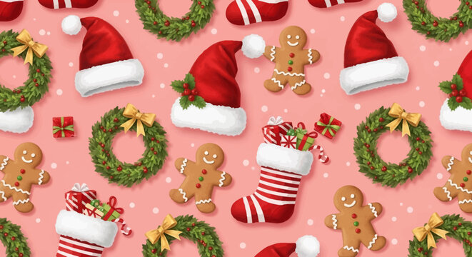 Christmas decorations and holiday symbols pattern.