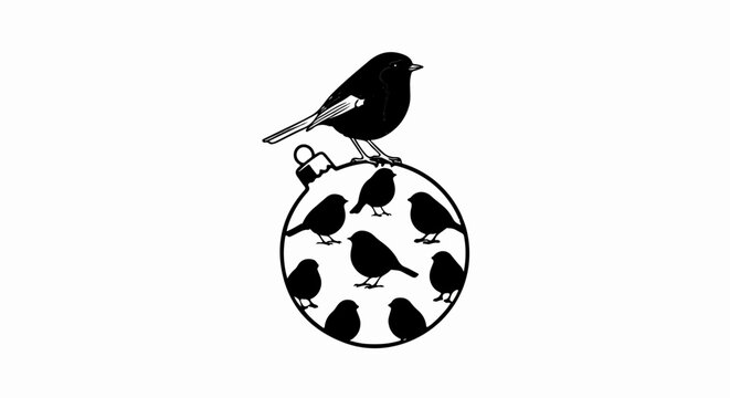 A single black bird perches on a circular ornament with small birds