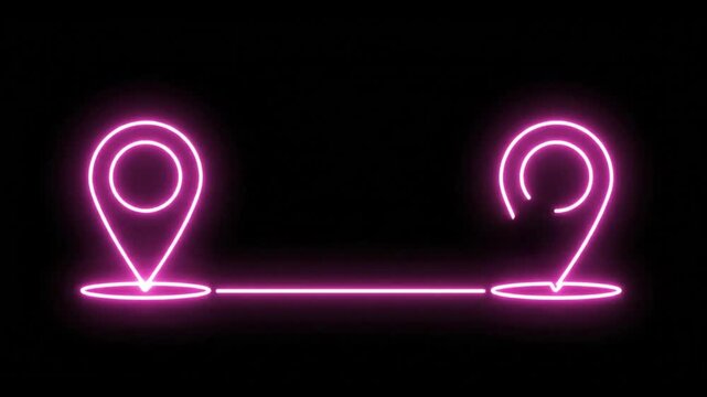 Glowing Neon Pink Location Pins Connected By A Solid Line, Digital Map Markers Distance Animation, GPS Navigation Route Concept On Black Background