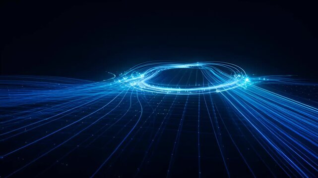 Abstract blue light trails forming a circular pattern against a dark background, representing data flow or energy transmission