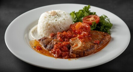 Fototapeta premium Colorful and juicy lunchtime meal of meat, tomato, rice, and leafy vegetables on a white plate