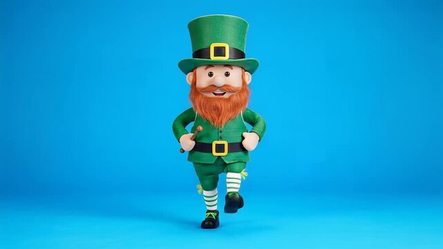 Smiling 3d leprechaun in green outfit marches on blue, ready for st. patrick's day.