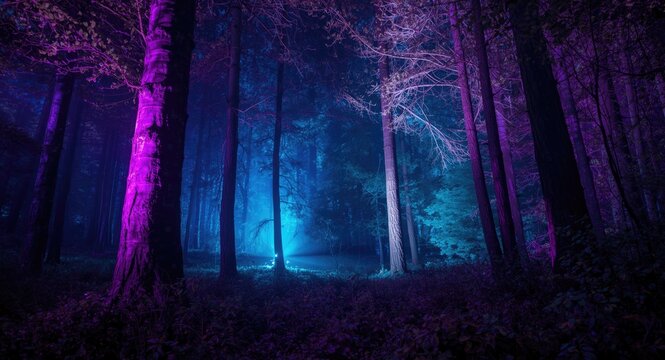 Dreamlike magical woods rendered with radiant purple and aqua illumination