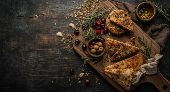 Birds eye view of zaatar manakeesh on wooden serving board with olives and olive oil plus copy space